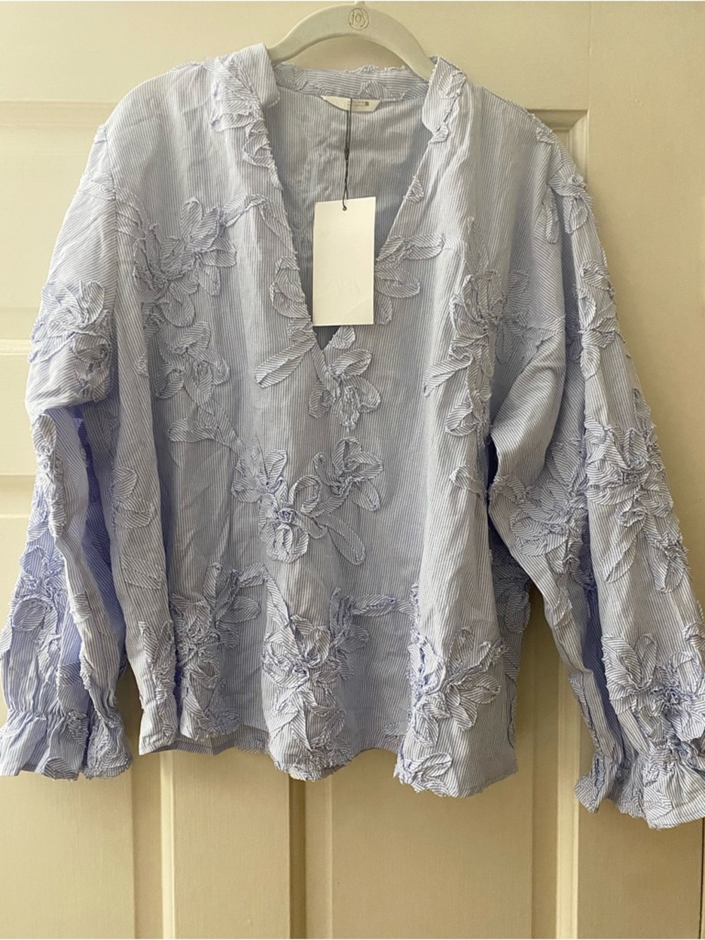 Zara embossed floral Light Blue V-Neck vertical stripe blouse with ruffle sleeve